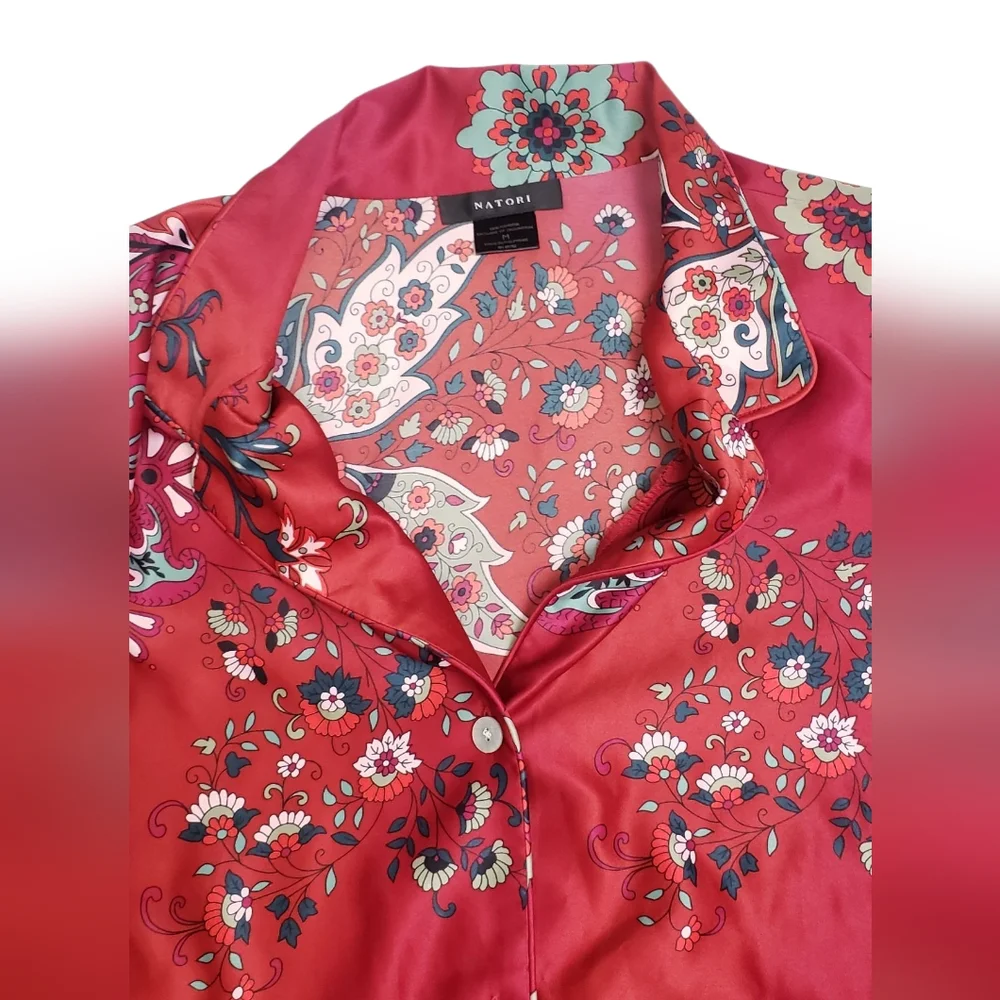 NWT Natori Satin Paisley Floral Button Front Pajama Top Artsy Asian